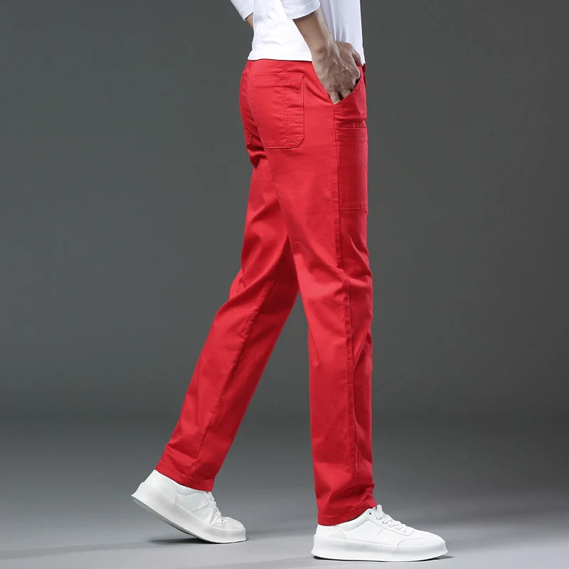 Spring and Autumn Men's Multi-Pocket Design Jeans Fashionable and Versatile White Khaki Red Comfortable Stretch Denim Pants.
