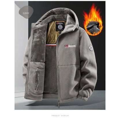 CHUJIE Men's autumn and winter fleece fashion graphenewarm hooded jacket outdoor hiking sports with thick fleece cardigan jacket.