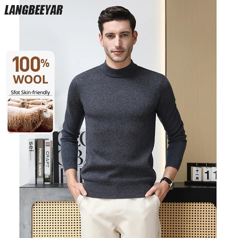 High End 100% Wool Thick New Autum Winter Fashion Brand Pullover Knit Half Turtleneck Business Sweater Casual Men Clothing.