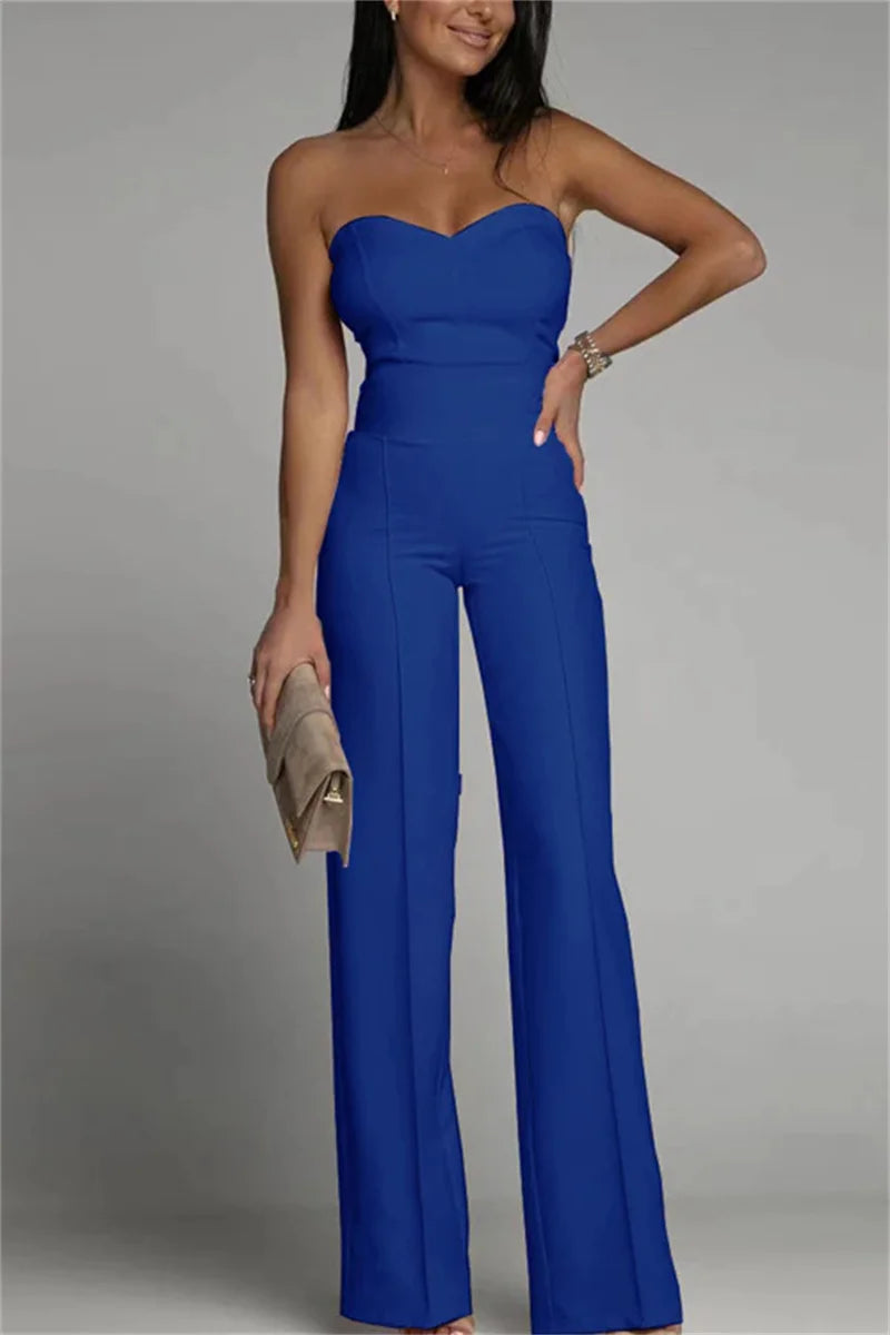 Elegant Straight-Leg Jumpsuit Women Spring Summer Solid Strapless Backless Slim Romper Office Lady One Piece Wide Leg Pant.