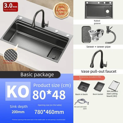 Black 304 Stainless Steel Kitchen Sink Household Multifunction Wash Dish and Vegetables Basin Large Single Slot Undermount Basin