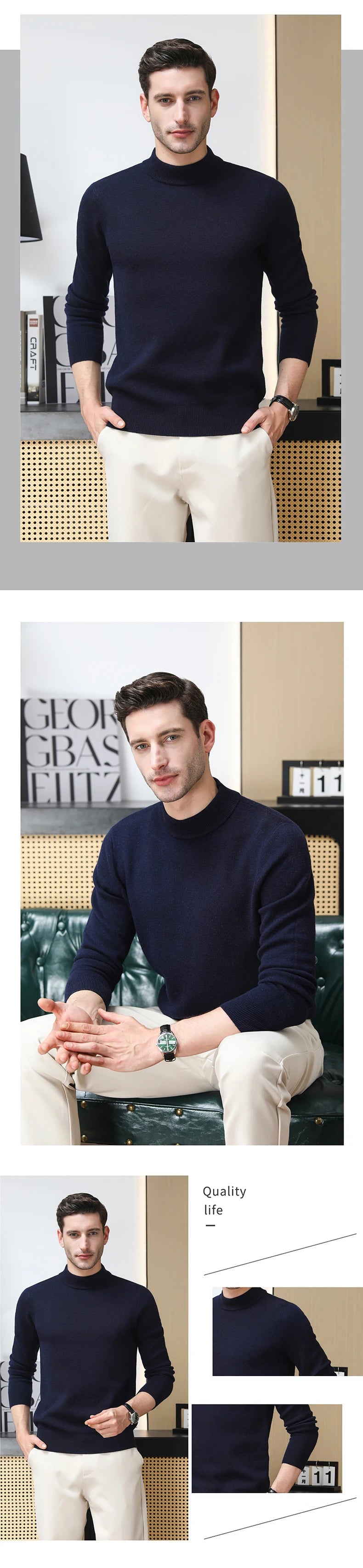 High End 100% Wool Thick New Autum Winter Fashion Brand Pullover Knit Half Turtleneck Business Sweater Casual Men Clothing