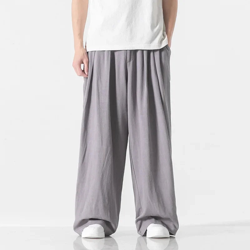 Hanfu Spirit Draped Linen Pants For Men Straight-leg Casual Trousers Chinese Style Loose-fit Ancient Wide-leg Song Trousers