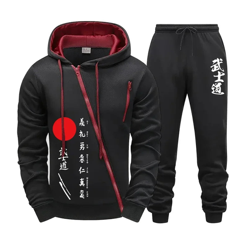 2025 New Arrival Men's Bushido Print Hoodie Sweatpants High Quality Male Outdoor Casual Sport Jogging Suit Motorcycle Zip Outfit.