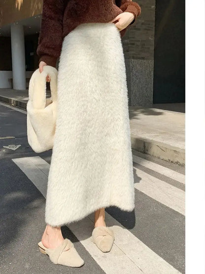 Autumn Winter New Knit Long Skirt Women Casual Thick Korean High Waist Soft A-Line Skirt.