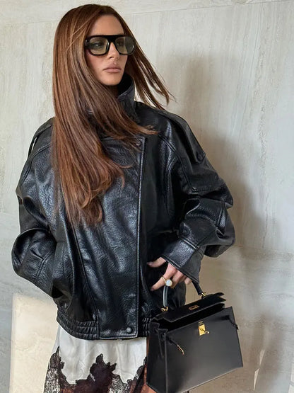 HH Herbst Faux Leder Jacke Für Frauen Casual Solide Lange Sleeve Zipper Pu Leder Mäntel Neue Mode Weibliche Streetwear