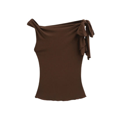 Shoulder Bared Short Sleeve T Shirt Women's Spicy Girl Design Slimming Top Summer New Style One Word Oblique Shoulder Tie Waist