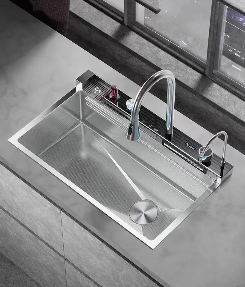 Silver Waterfalls Stainless Steel Kitchen Sink Multifunction Intelligent Digital Display Temperature Household Large Single Slot