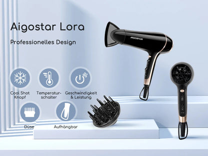 Aigostar Lora Professional Hair Dryer 2400 W Hair Dryer for Hair Ions 2 Speed and 3 Settings Cooling Button Hair Dryer.