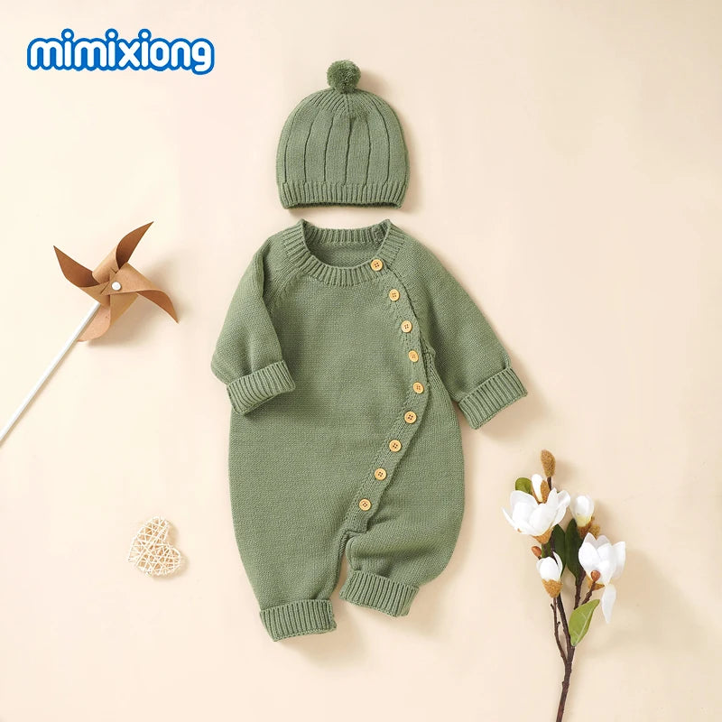 Baby Rompers Knitted Autumn Long Sleeve Newborn Boys Girls Jumpsuits Hats Outfits Sets Winter Solid Infant Netural Overall 0-18m
