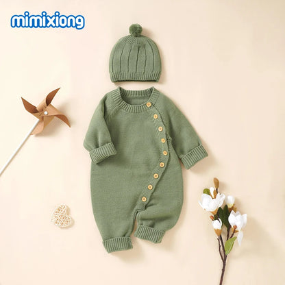 Baby Rompers Knitted Autumn Long Sleeve Newborn Boys Girls Jumpsuits Hats Outfits Sets Winter Solid Infant Netural Overall 0-18m
