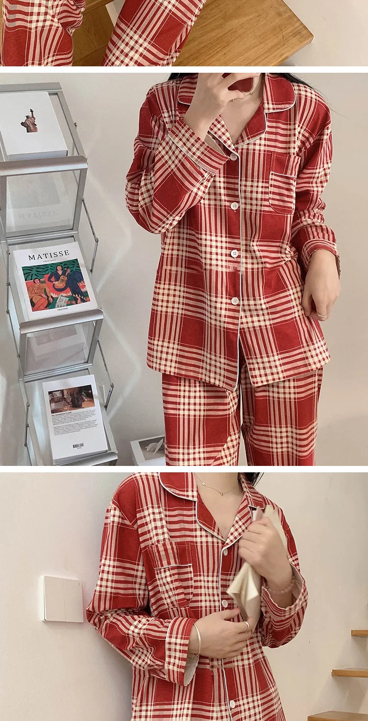 Spring and Autumn New Couples Pajamas Homewear Suit Female Is Christmas Plaid Thin Section Long-Sleeved Simple Leisure Homewear.