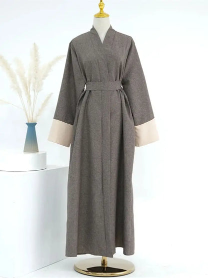 Ramadan Eid Open Linen Abaya Kimono Turkey Islam Muslim Modest Kaftan Dress Prayer Clothes For Women Kebaya Robe Femme Musulmane.