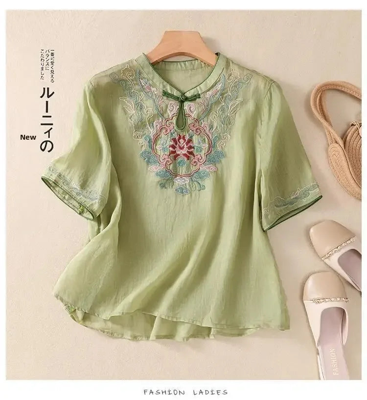 Retro Chinesischen Stil Lose Fit Baumwolle Leinen Kurzarm Shirt frauen Sommer Schwere Stickerei Abnehmen Top Flagge Kleid.