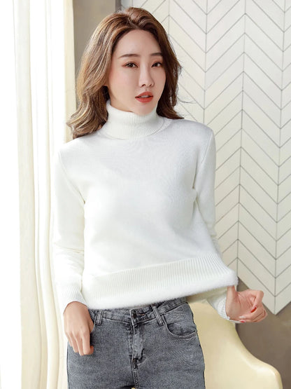 Pullover Für Frauen Winter Verdicken Rollkragen Schlank Stricken Pullover Neue Warme Plüsch Samt Gefüttert Strickwaren Jumper Tops Casual Poleras
