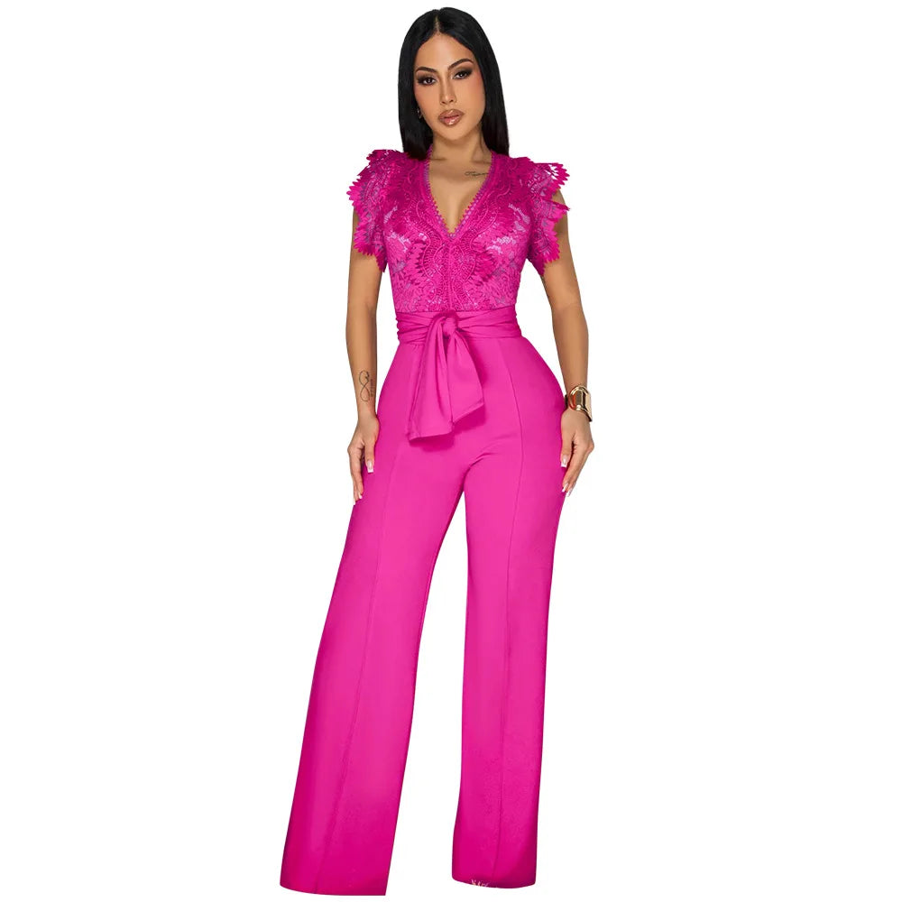 Summer Fashion Lace High Waisted Jumpsuit Women Elegant OL Lace Sleeveless Waistband Straight Jumpsuit Women