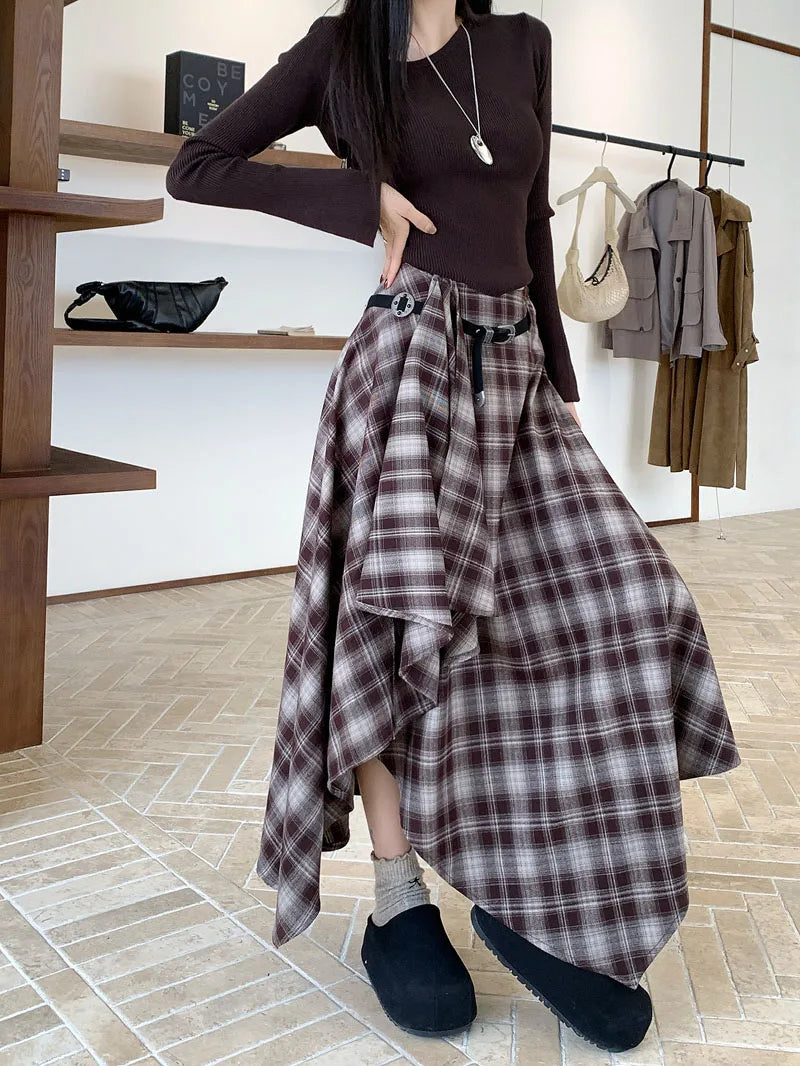 MEXZT Vintage Plaid Woolen Midi Skirt Women Y2K Harajuku Belt Asymmetrical Skirts Winter Gyaru Grunge Korean Design Faldas New