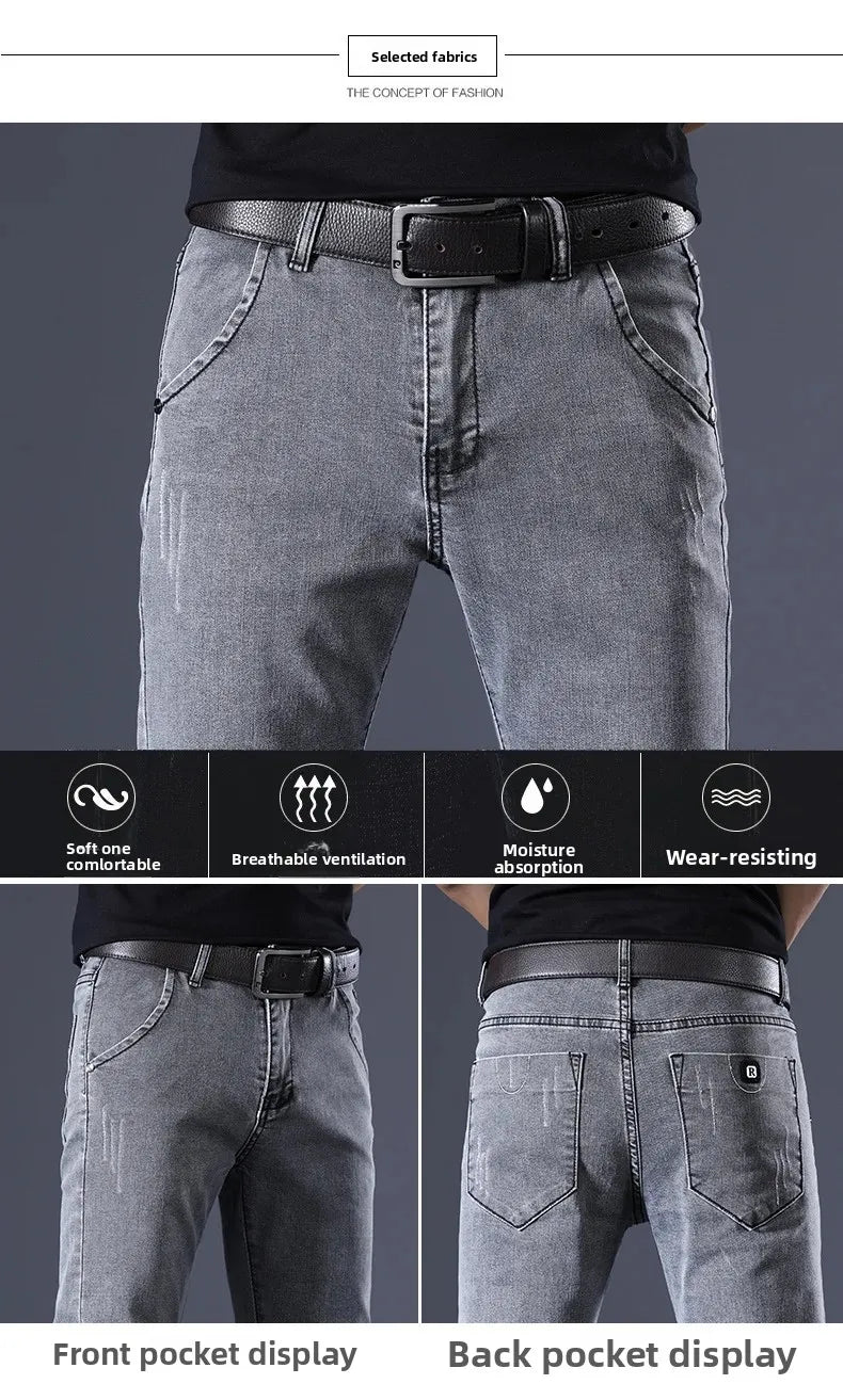 Slim Fit Men's Jeans Casual Elastic Korean Style Autumn Grey Trendy Long Pants Versatile Slim Legged Casual Trousers.