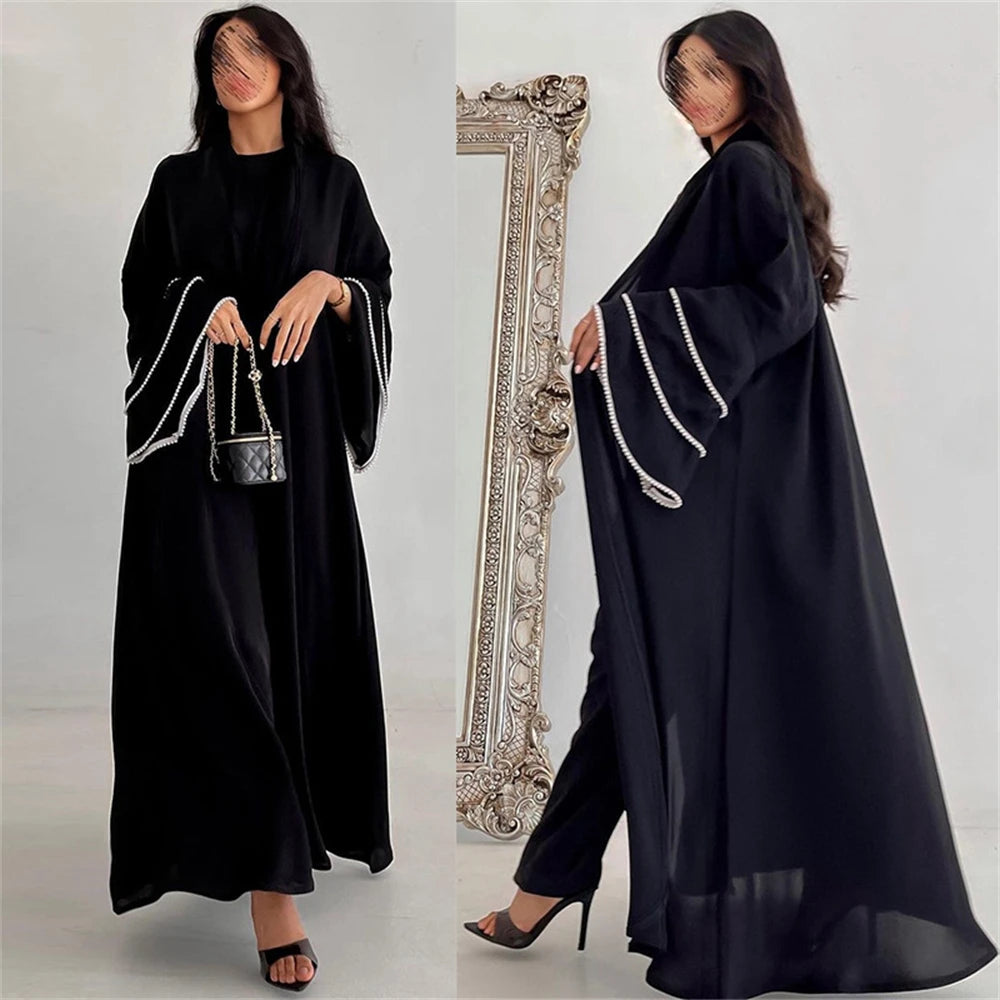 Eid Black Open Kimono Abaya Dubai Luxury 2024 Palestine Muslim African Dresses For Women Kaftan Dress Islam Robe Femme Musulmane.