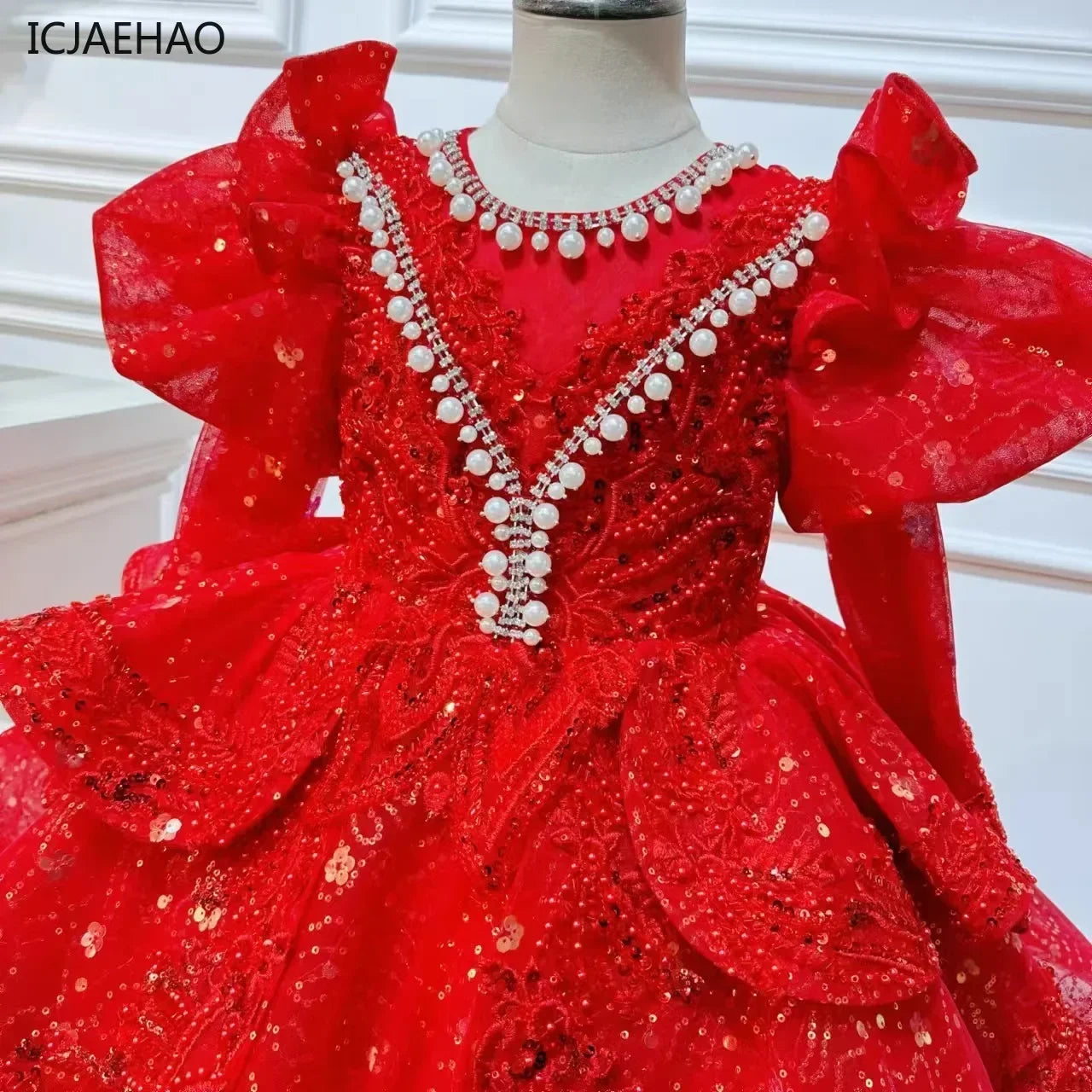 2025, Kinderkleid, Performance-Outfit, Mädchen, Blumenmädchen, Geburtstag, Prinzessin, Kleider, glitzernde Pailletten, geschwollene Partykleidung, Kinderkleid, Rot.