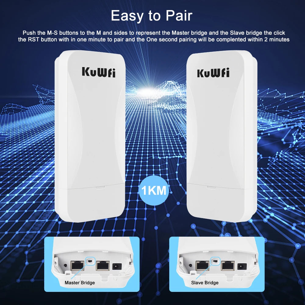 KuWfi 300Mbps Outdoor CPE Bridge 2.4G Wireless WiFi Bridge AP Repeater Mode Signal Amplifier PTP PTMP Up to 1KM WAN LAN 24V POE.