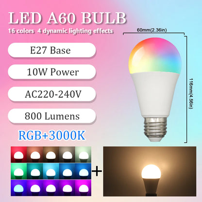 E27 RGB LED Light Bulb 220V 10W with IR Color Changing Control Remote Multicolor + White Lamp Spotlight for Bedroom Party Home.