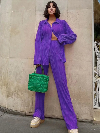 2024 Spring Autumn Women's New Solid Color Button Shirt Long Sleeve Drop Feel Loose Soft Wrinkle Casual Two Piece Set.