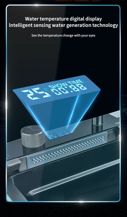 Wasserfall-Küchenspüle aus Edelstahl 304, großes Einzelschlitz-Wasserhahn-Set mit integrierter Digitalanzeige, Seifenspender, Tassenwascher