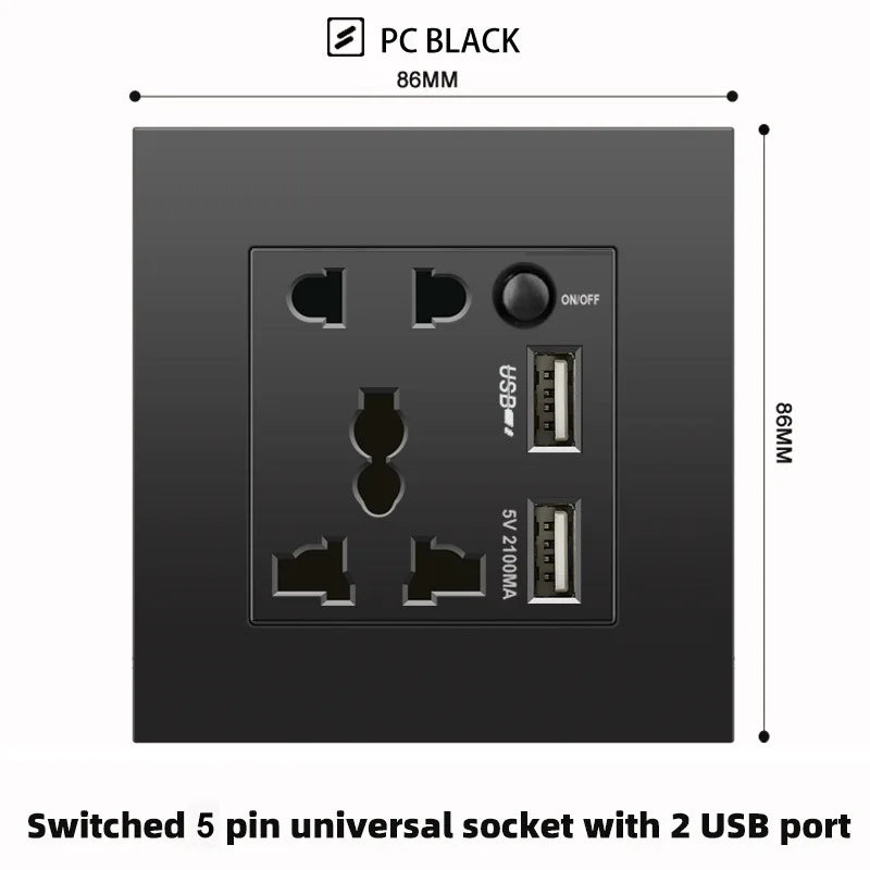Schwarze UK 13A Wandsteckdose mit USB Typ C 18W Schnelllade-Steckdose, Wandsteckdose mit USB-Ladegerät, Schalter mit Steckdose