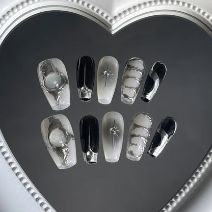 10Pcs Black Handmade Press On Nails Coffin Fake Nails Full Cover Gradient Metal Contrast Artificial Manicure Wearable Nail Tips.