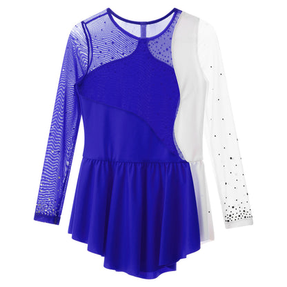 6-16Y Mädchen Eiskunstlauf Tanz Kleid Ballett Gymnastik Trikot Langarm Shiny Strass Sheer Mesh Leistung Dancewear