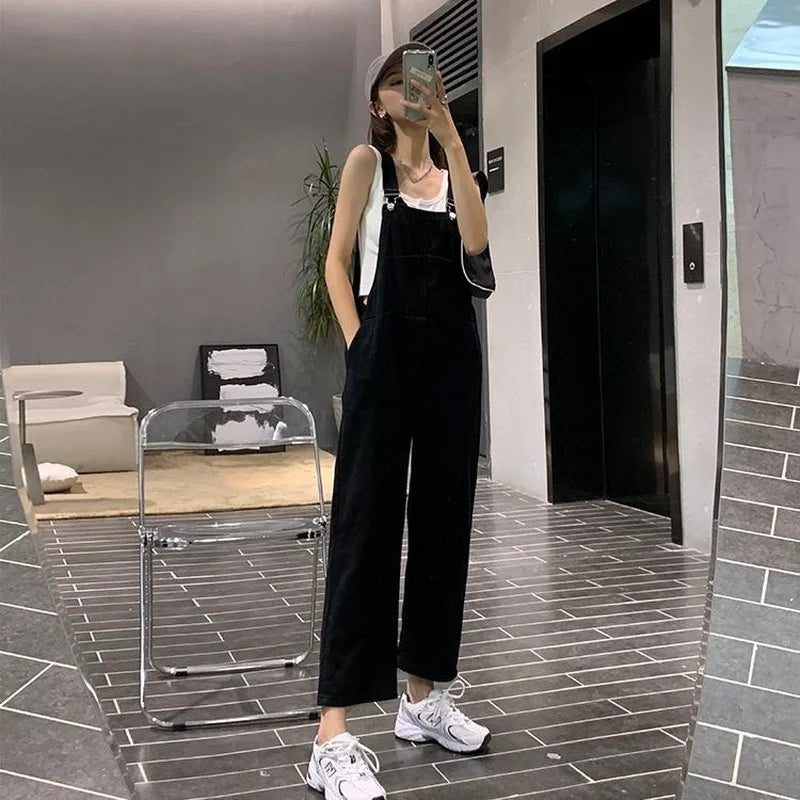 Jumpsuits Women Solid Retro Japanese Style Streetwear Denim Suspenders Trousers Harajuku Stylish Hip Hop Straight Overalls Teens.