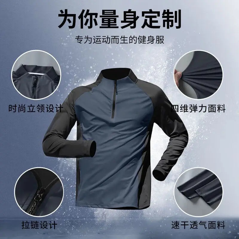 Quick Dry Male Clothes Tracksuit T-shirt Sets Spring Autumn Men Half Zipper Long Sleeve Breathable Sports Training Pants Suit.