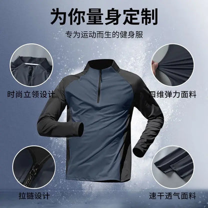 Quick Dry Male Clothes Tracksuit T-shirt Sets Spring Autumn Men Half Zipper Long Sleeve Breathable Sports Training Pants Suit.