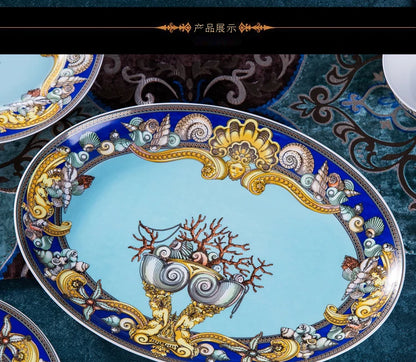 Luxury Blue Ocean Bone China Dishes Plates Western Clubhouse Upscale Heart Of The Sea Ceramic Tableware Decorative Plate.
