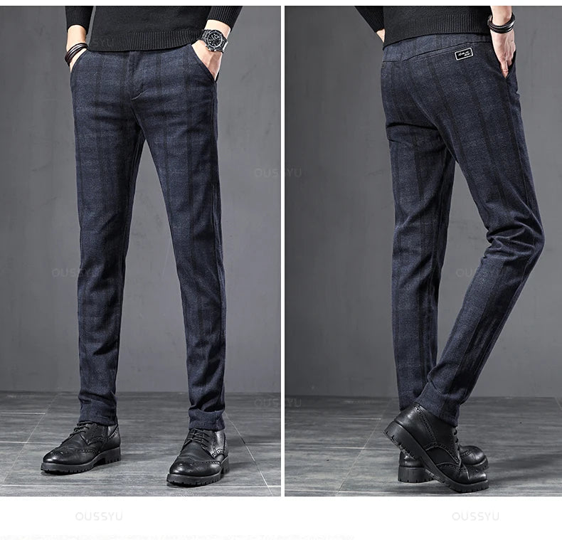 2025 New Spring Autumn England Plaid Work Stretch Pants Men Business Fashion Slim Grey Blue Casual Pant Male Brand Trousers 38.