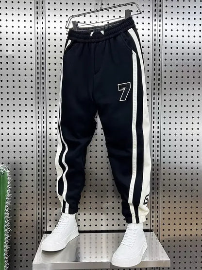 Fashionable Striped Color Blocking Sweatpants 2024 Autumn/Winter Men's New Casual Ankle Pants Patchwork Warm Harem Trousers.