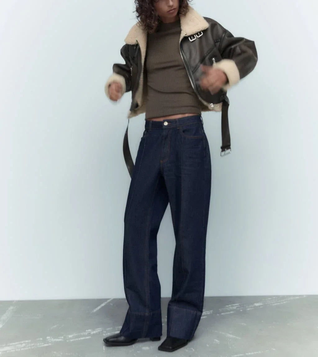 Frau dicke warme doppelseitige Faux Shear ling Jacke Herbst Winter neue Revers Langarm Gürtel Saum Reiß verschluss weibliche Oberbekleidung