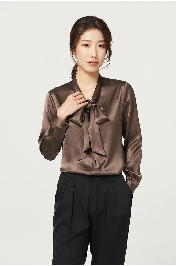 Heavyweight Mulberry Silk Shirt Women's 2025 Spring And Autumn New Long Sleeve Satin Silk Blouse V-neck Bow Ribbon Shirt