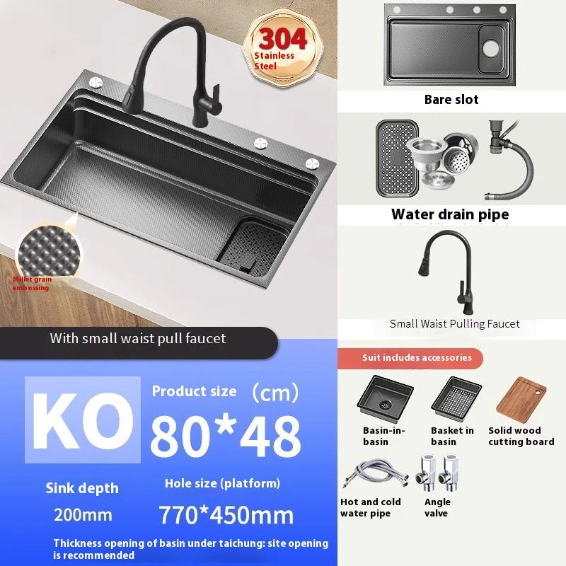 Stainless steel Kitchen Sink Thick Embossed Large Single Slot vegetable washbasin Dishwashing Sink Undermount Basin