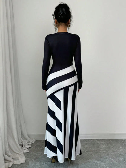 Sexy frauen Maxi Kleider Neue Herbst Streetwear Fashion Schwarz Weiß Patchwork Beiläufige Dünnes Kleid Elegante Gestrickte Kleider Kleidung