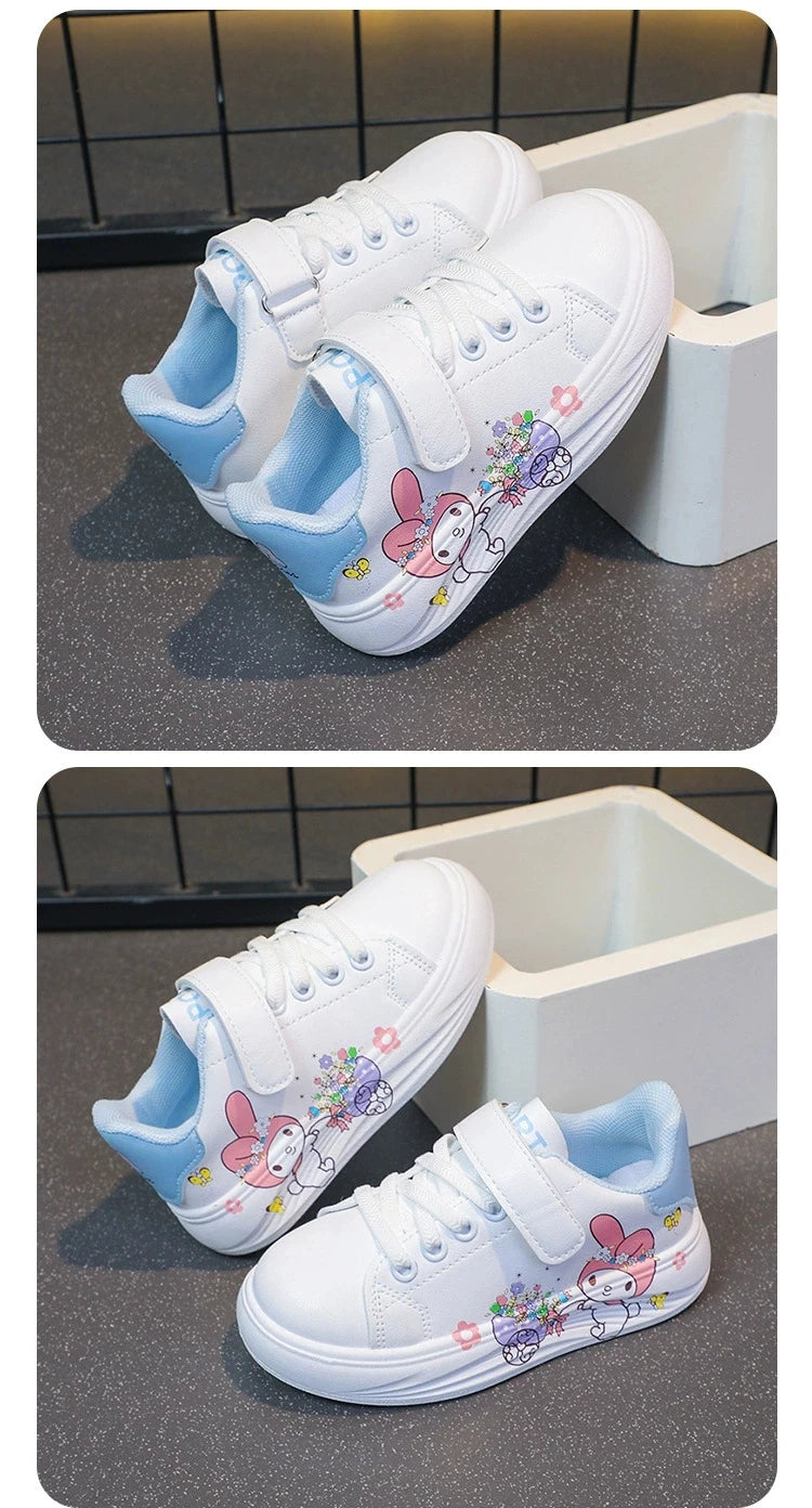 Baby Girls White Shoes Kids Casual Sneakers Cartoon Soft Breathable Fashion Children White PU Leather Shoes Size 26-37.
