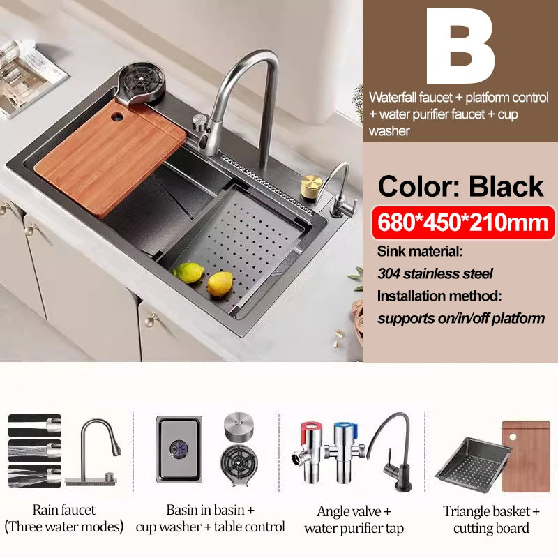 Kitchen Sink 304 Stainless Steel Rain Waterfall Single Trough Honeycomb Large Single Trough Washing Basin