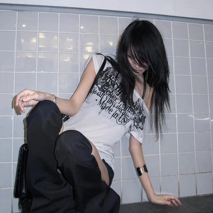 Karrram Japanese Y2k Letter Print T-shirt Trashy 2000s Style Tattoo T Shirt Vintage Harajuku Short Sleeve Sheer Tops Grunge Goth.