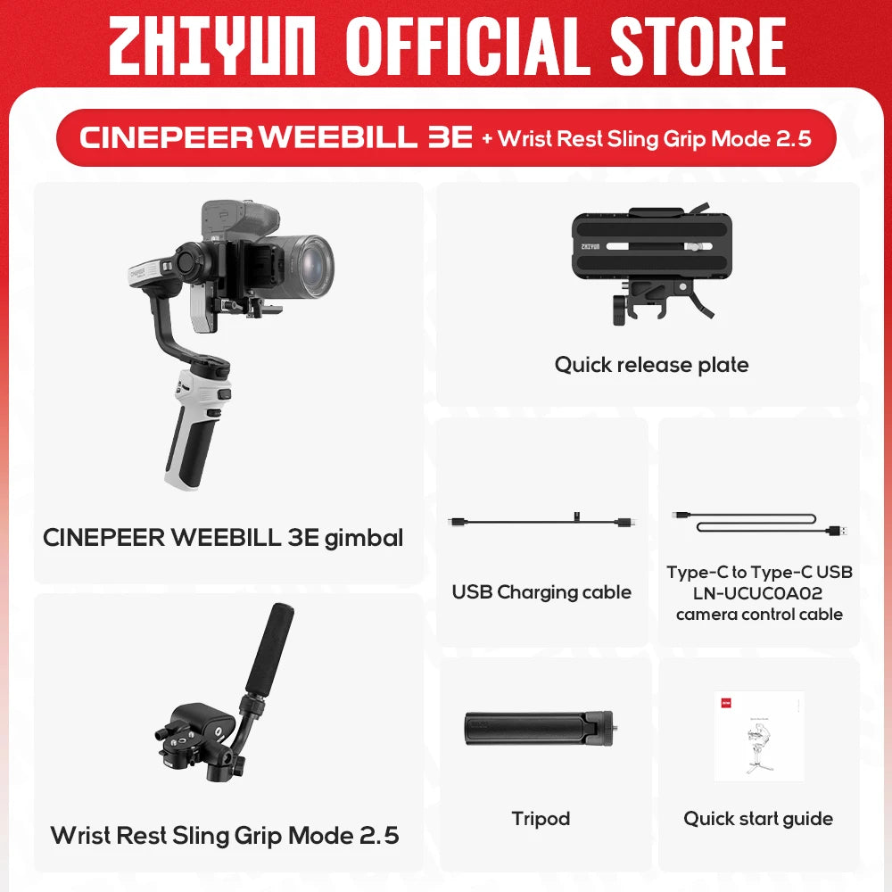 ZHIYUN Official CINEPEER WEEBILL 3E Camera Stabilizer Handheld Gimbal 3-Axis Cameras Gimbals for DSLR Mirrorless Cameras.