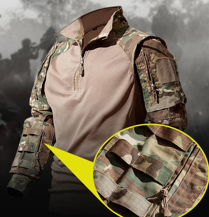Autumn Tactical Sets Men Outdoor Breathable Short Sleeve Tshirt+Waterproof Straight Pant 2 Pcs Suits Camo Multi-pocket Cargo Set.