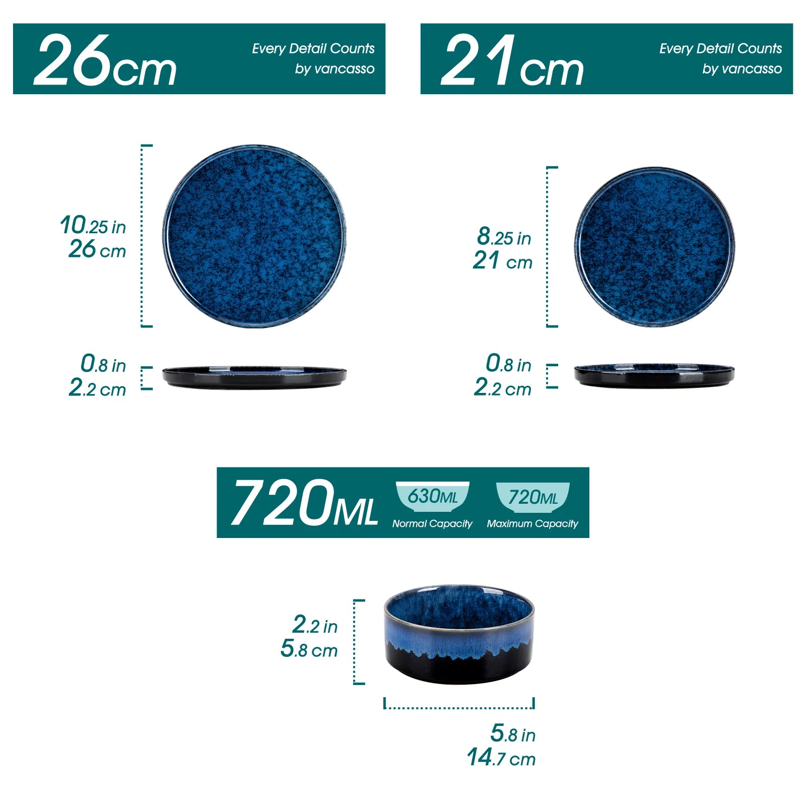 vancasso 12/24 Piece Dinner set Black Blue Reactive Glaze Vertical edge Dinnerware set with 4PCS Dinner Plate/ Dessert/Bowl.