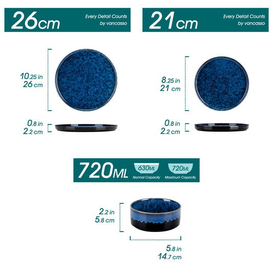 vancasso 12/24/36Piece Dinner set Black Blue Reactive Glaze Vertical edge Dinnerware set with 4PCS Dinner Plate/ Dessert/Bowl.