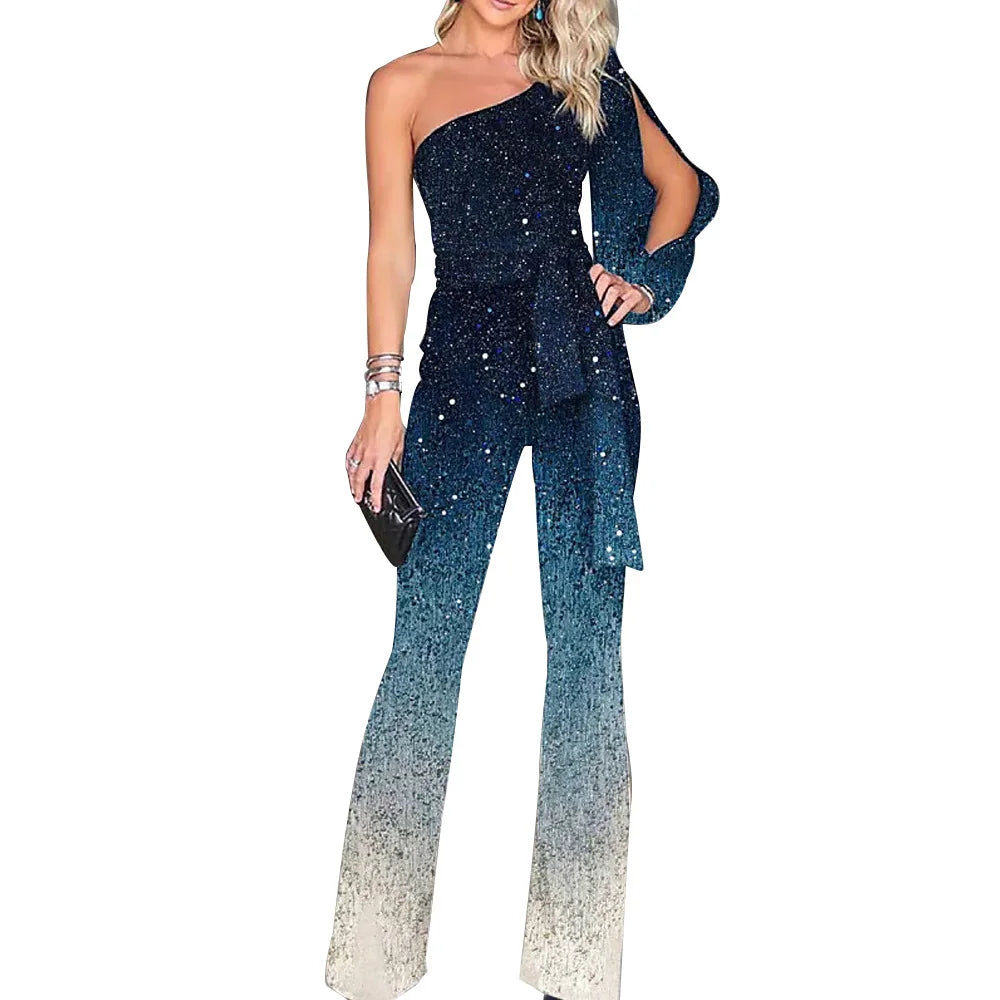 Summer Women Fashion Gradient Printed Diagonal Collar Long Sleeve Sexy One-piece Loose Leg Pants.