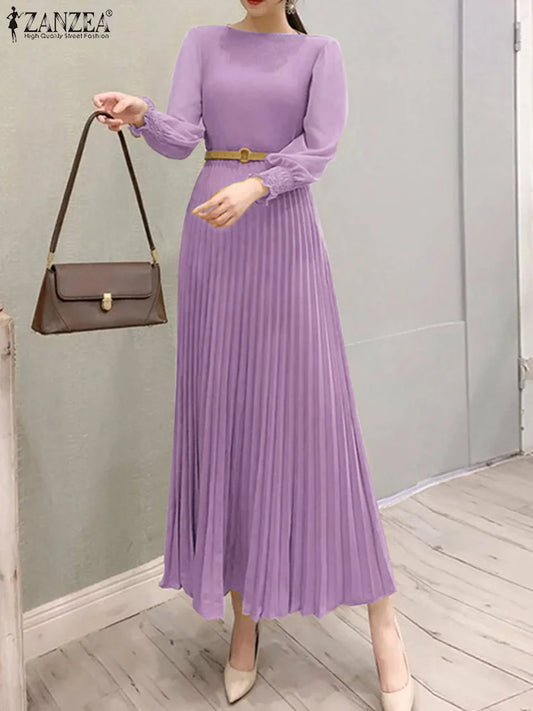 ZANZEA Elegantes Damen-Plisseekleid, edel, gesmokte Bündchen, langärmelig, O-Ausschnitt, Fit und Flare, lang, Vestidos, Pendeln, solide Party-Roben